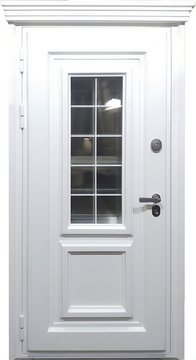 Белая остекленная дверь с карнизом