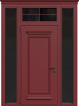 Входная остекленная группа с терморазрывом, металлобагетом, карнизом и красным полимерным окрашиванием Входная остекленная группа с терморазрывом, металлобагетом, карнизом и красным полимерным окрашиванием